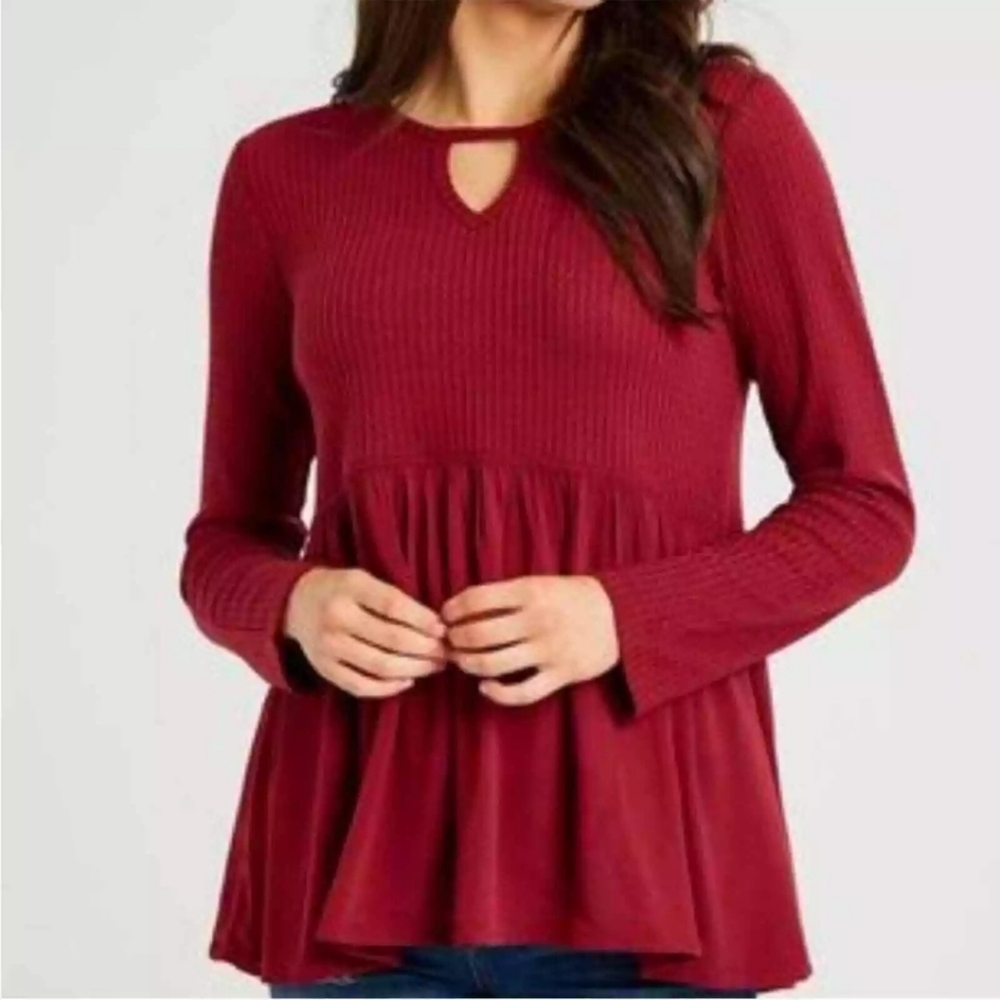 Altard State Maroon Waffle Knit Ruffle Hem Top Small